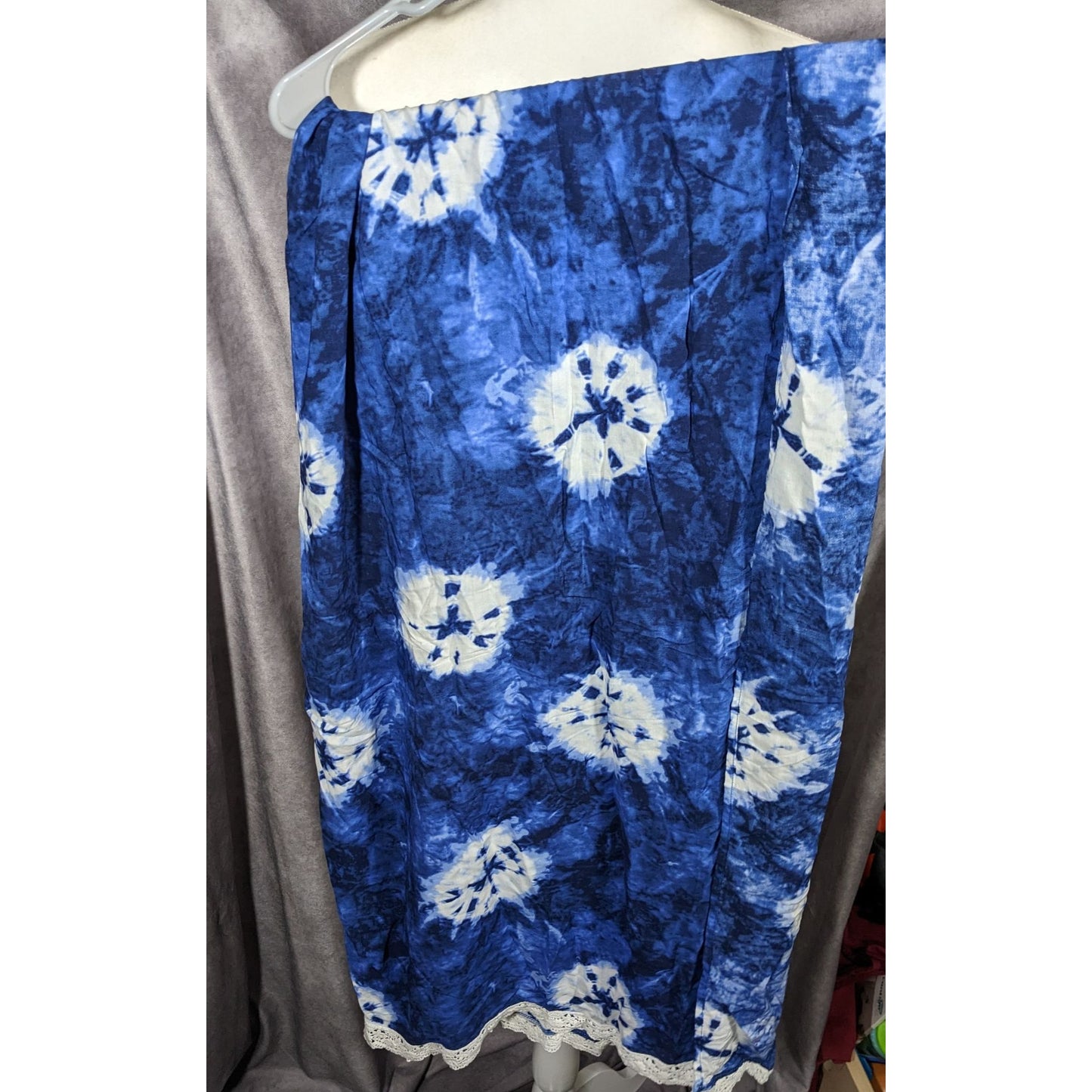 Bohemian Floral Blue And White Tie Dye Scarf With Lace Trim