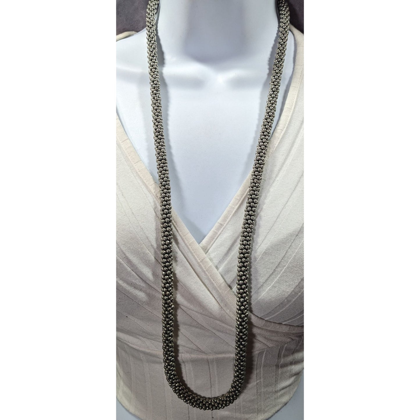 Vintage Elegant Silver Tone Beaded Rope Necklace