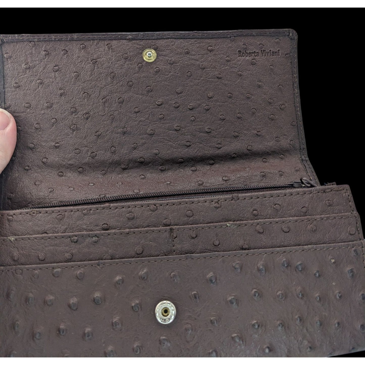 Roberta Viviani Ostrich Embossed Leather Wallet With Gold Accent