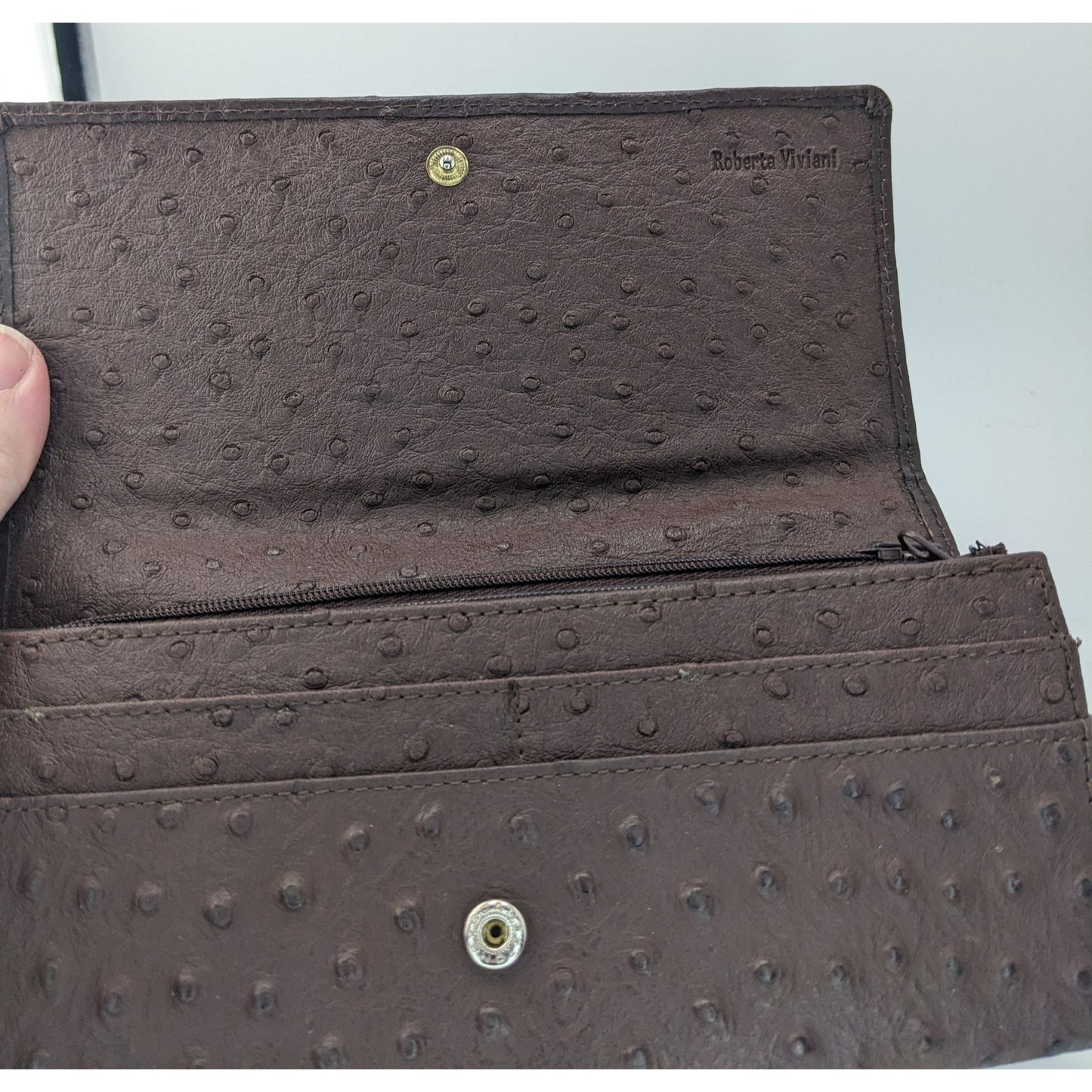 Roberta Viviani Ostrich Embossed Leather Wallet With Gold Accent