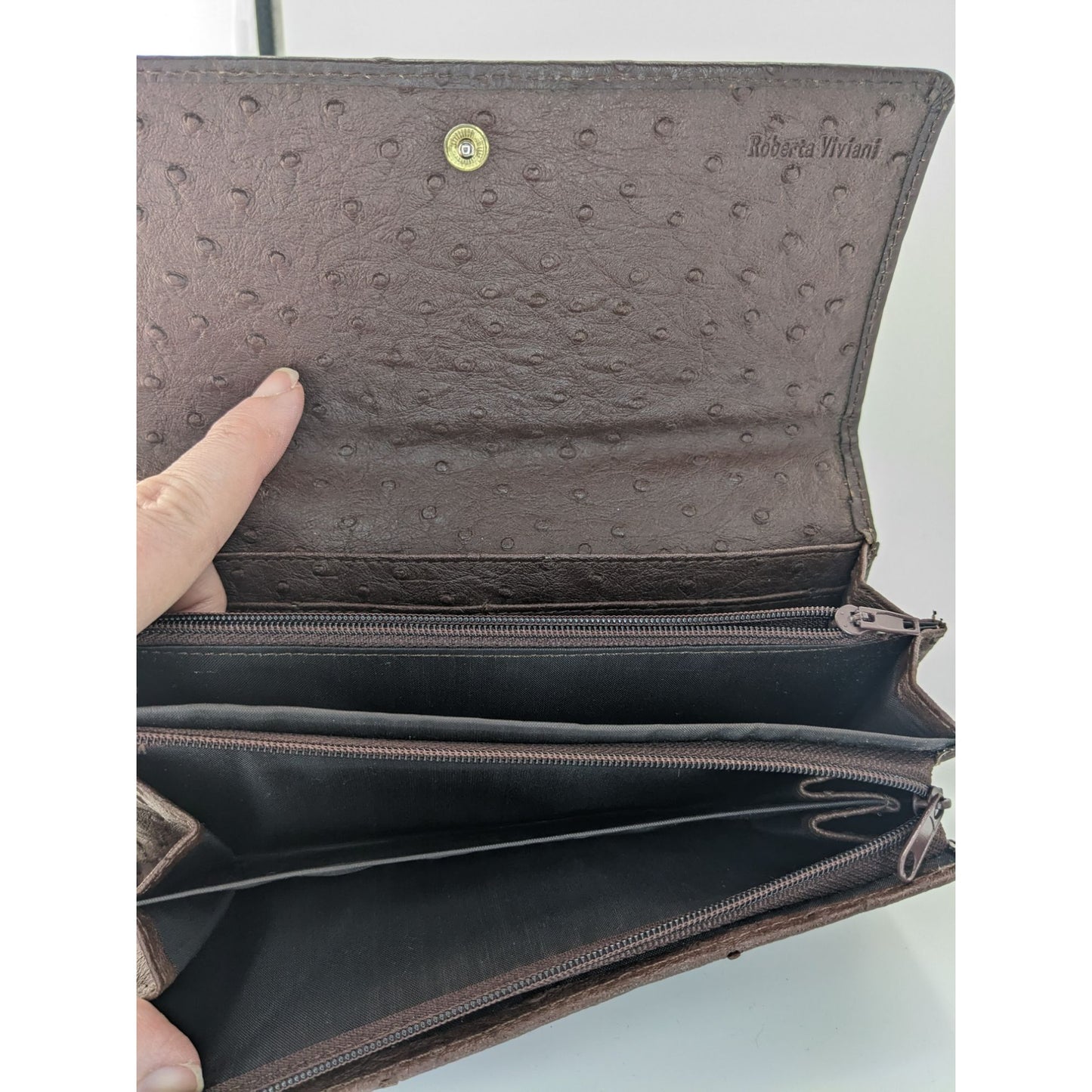 Roberta Viviani Ostrich Embossed Leather Wallet With Gold Accent