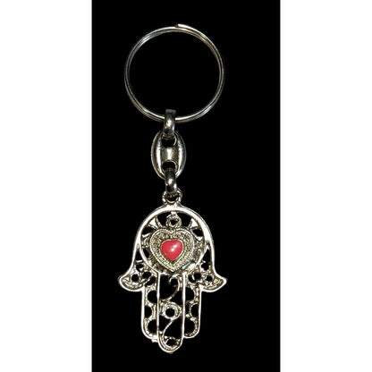 Boho Hamsa Hand Red Heart Keychain Silver Tone Filigree Good Luck Charm