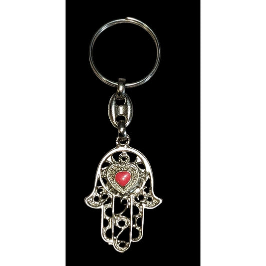 Boho Hamsa Hand Red Heart Keychain Silver Tone Filigree Good Luck Charm
