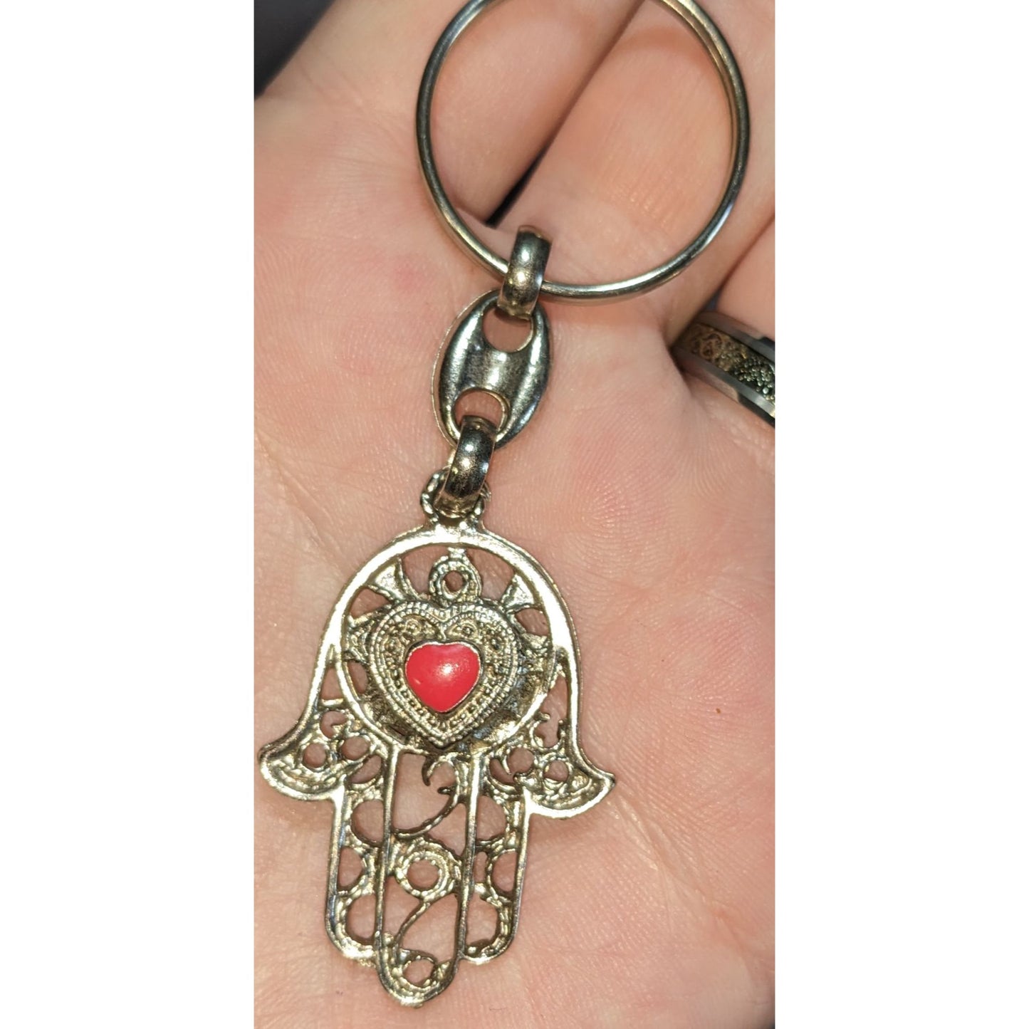 Boho Hamsa Hand Red Heart Keychain Silver Tone Filigree Good Luck Charm