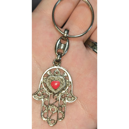 Boho Hamsa Hand Red Heart Keychain Silver Tone Filigree Good Luck Charm