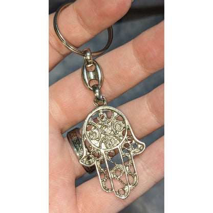 Boho Hamsa Hand Red Heart Keychain Silver Tone Filigree Good Luck Charm