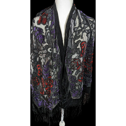 Vintage Gothic Floral Red Purple And Black Velvet Burnout Scarf With Fringe
