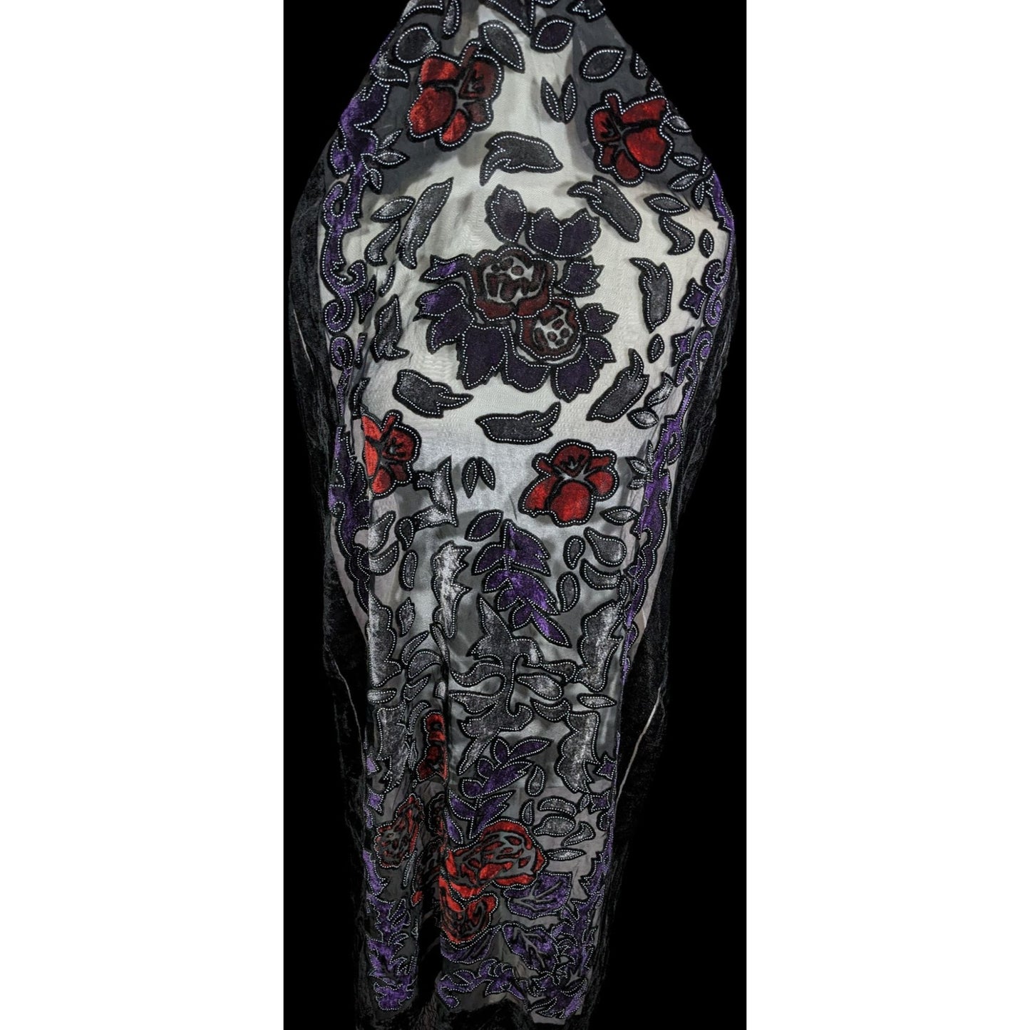 Vintage Gothic Floral Red Purple And Black Velvet Burnout Scarf With Fringe