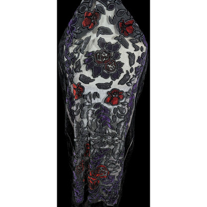 Vintage Gothic Floral Red Purple And Black Velvet Burnout Scarf With Fringe