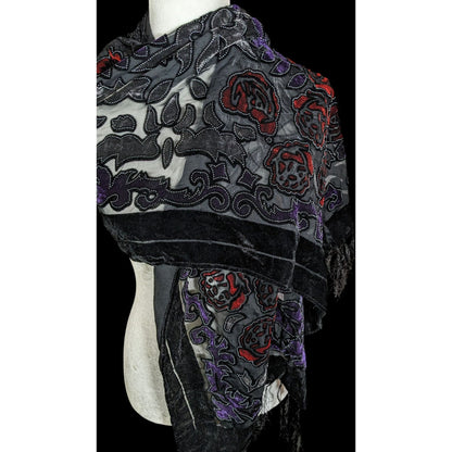 Vintage Gothic Floral Red Purple And Black Velvet Burnout Scarf With Fringe