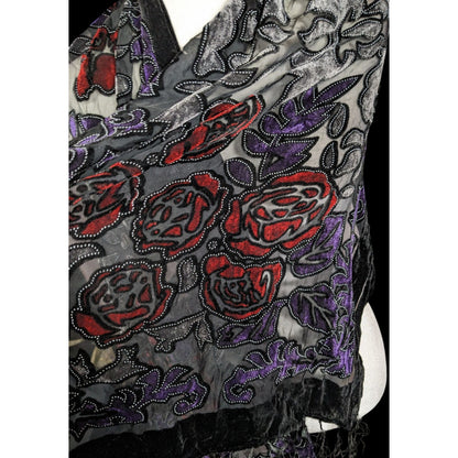 Vintage Gothic Floral Red Purple And Black Velvet Burnout Scarf With Fringe