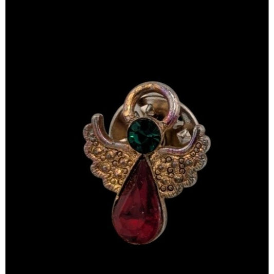 Vintage Holiday Red And Green Gemmed Angel Lapel Pin