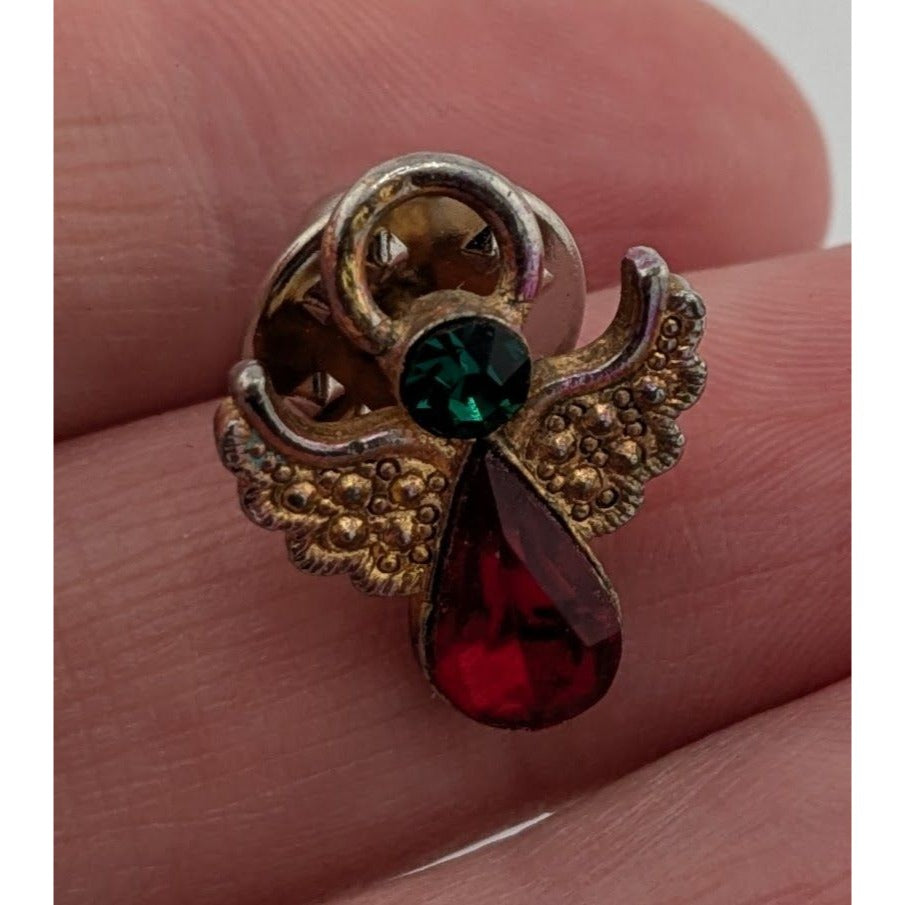 Vintage Holiday Red And Green Gemmed Angel Lapel Pin