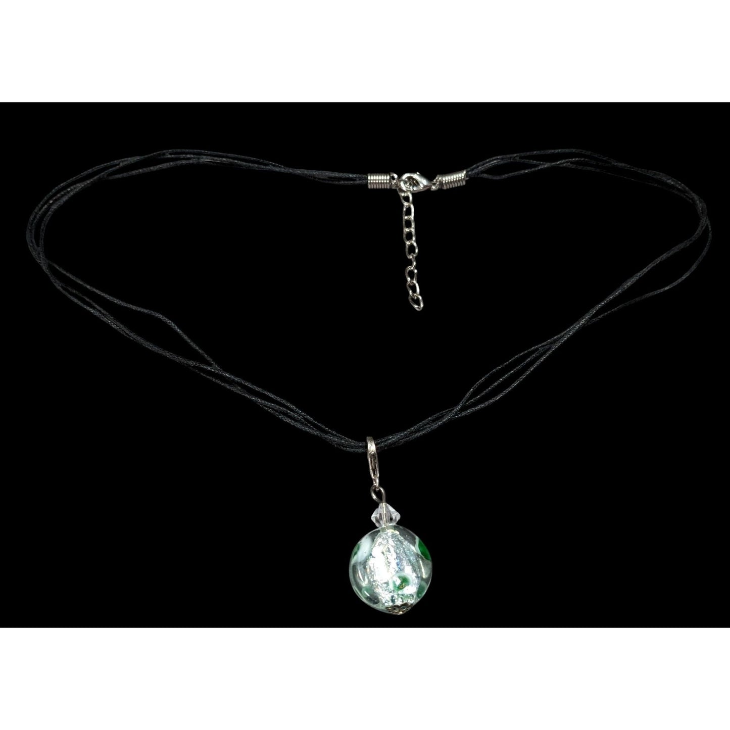 Candycore Glass Pendant Necklace Clear Green Polka Dots And Silver Tone Center