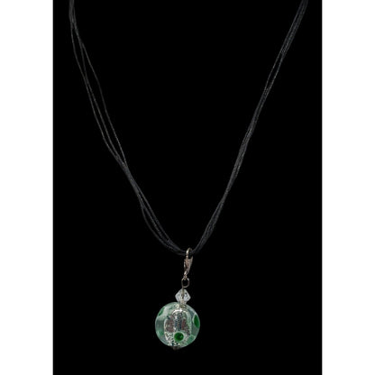 Candycore Glass Pendant Necklace Clear Green Polka Dots And Silver Tone Center
