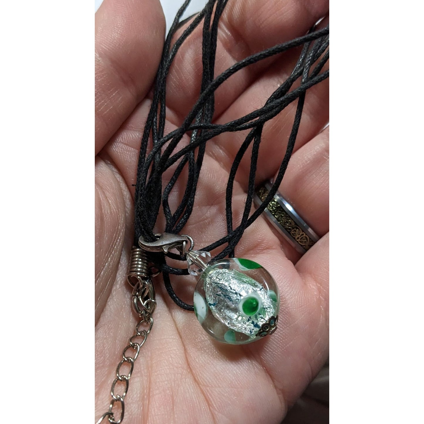 Candycore Glass Pendant Necklace Clear Green Polka Dots And Silver Tone Center