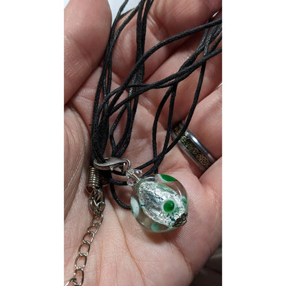 Candycore Glass Pendant Necklace Clear Green Polka Dots And Silver Tone Center