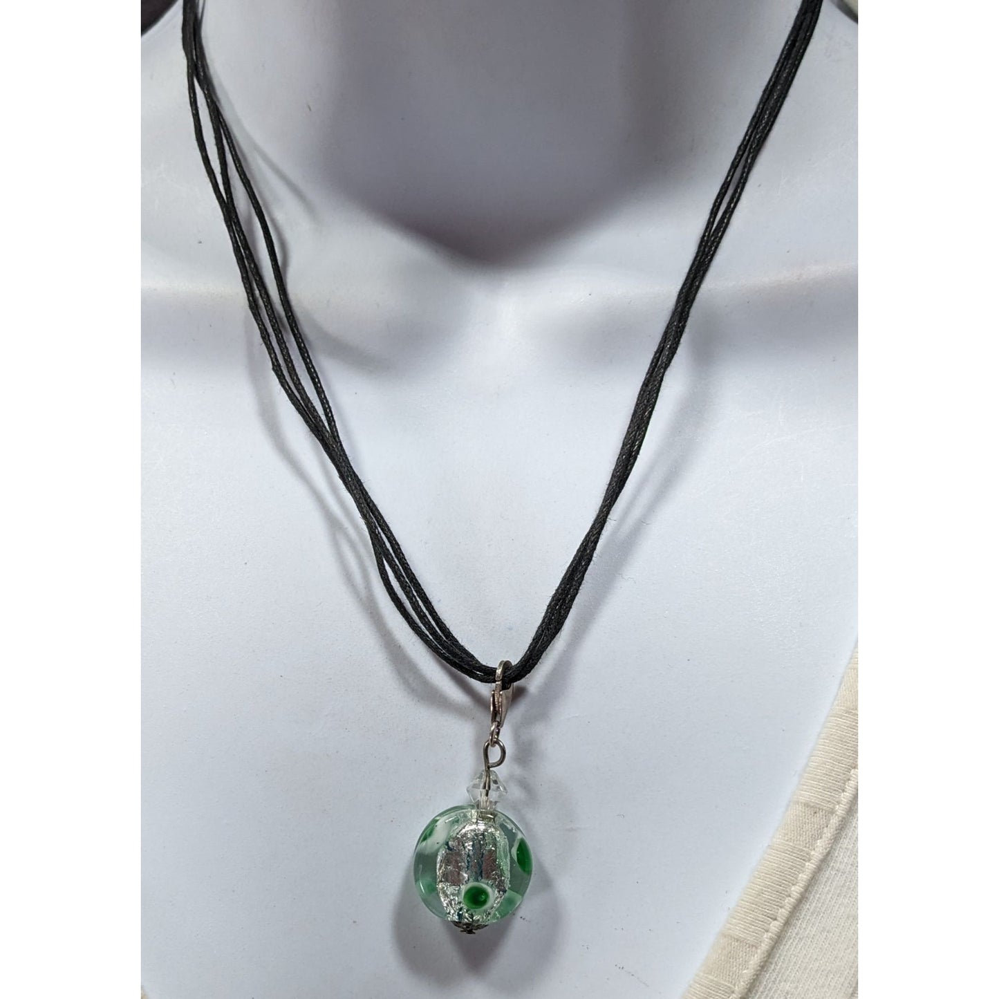 Candycore Glass Pendant Necklace Clear Green Polka Dots And Silver Tone Center