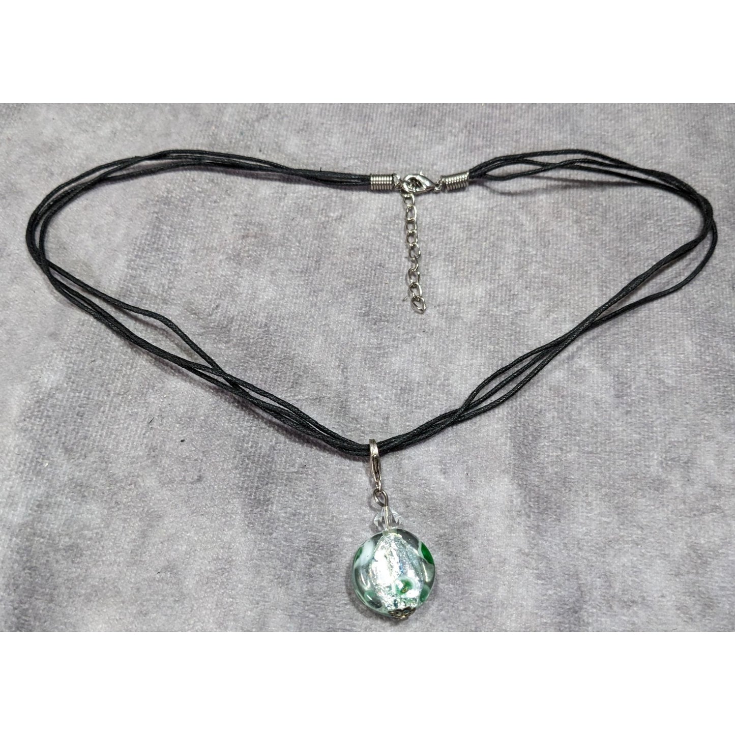 Candycore Glass Pendant Necklace Clear Green Polka Dots And Silver Tone Center