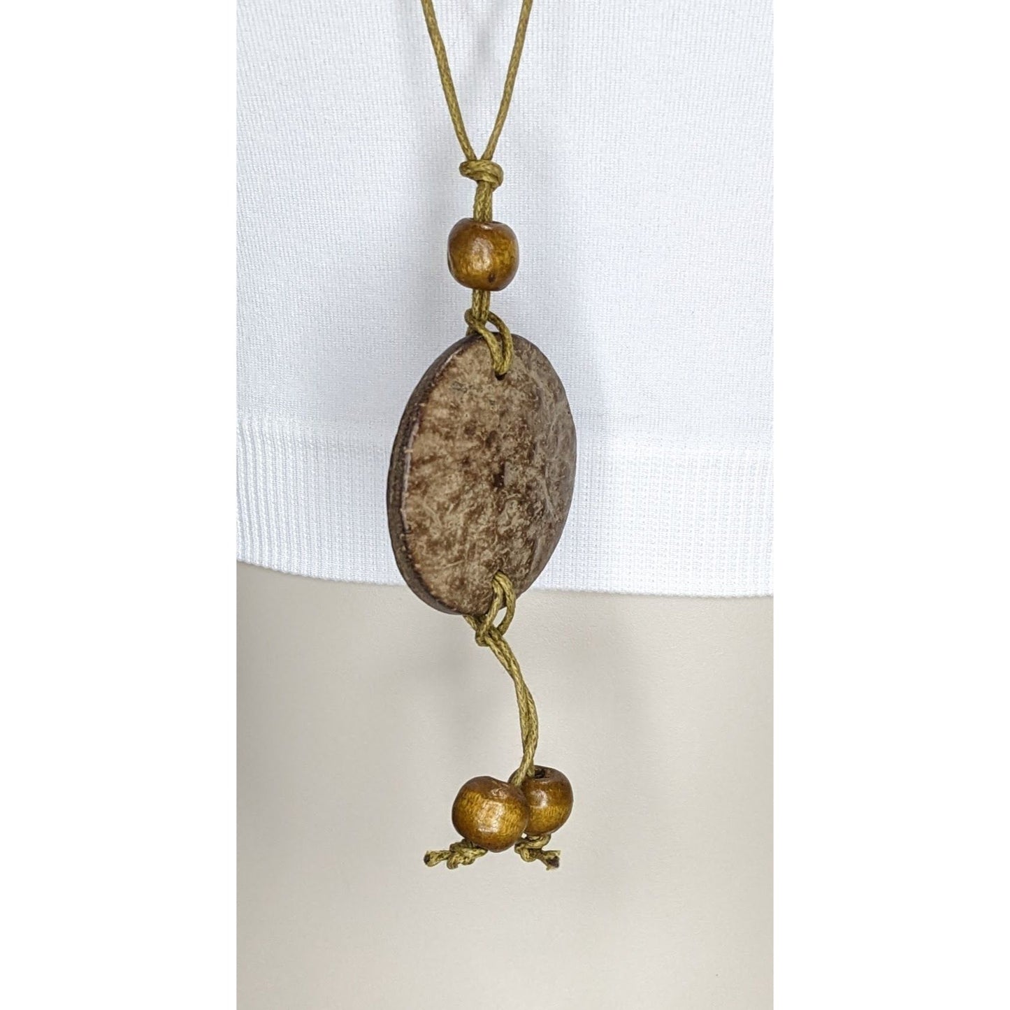 Coconut Shell Pendant Necklace Wood Beads Brown Tan Boho Beach Island Jewelry