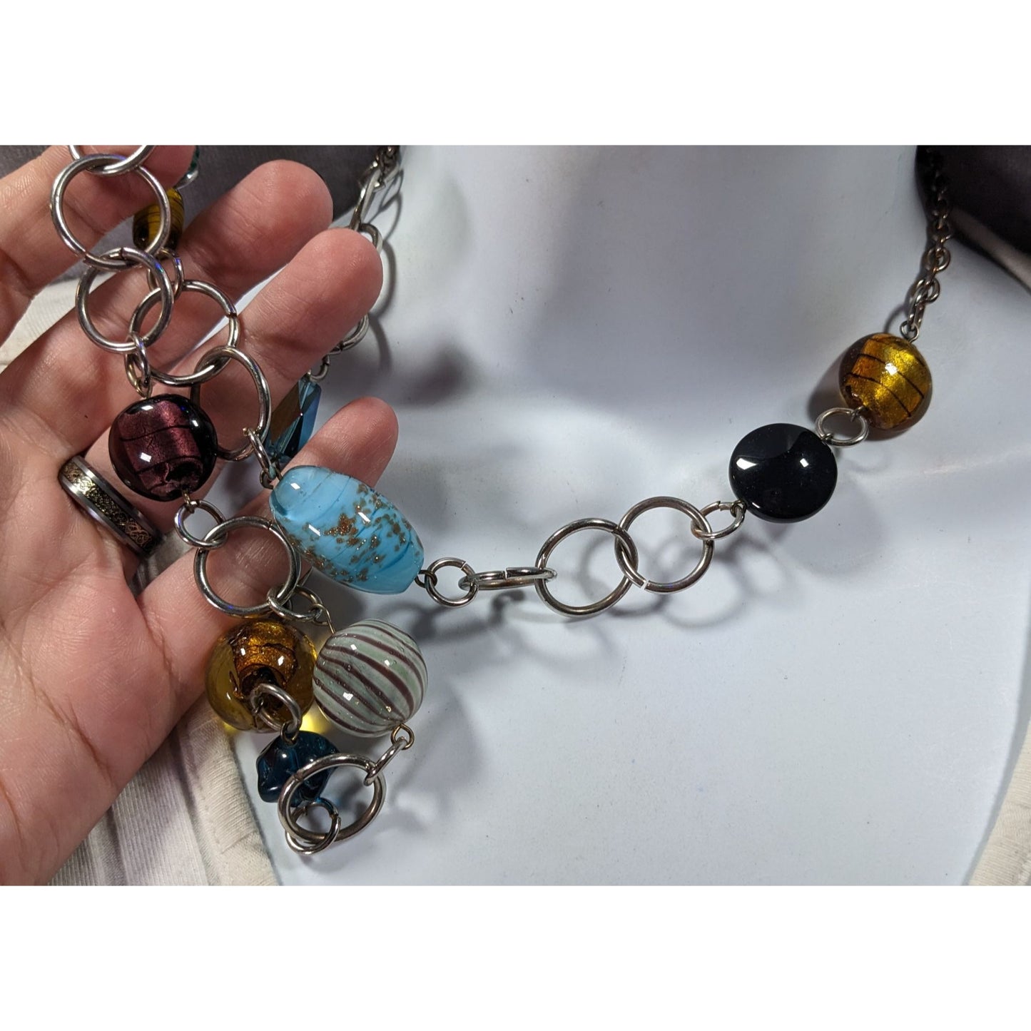 Nordstrom Rainbow Chunky Glass Beaded Silver Tone Loop Chain Necklace