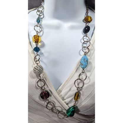 Nordstrom Rainbow Chunky Glass Beaded Silver Tone Loop Chain Necklace