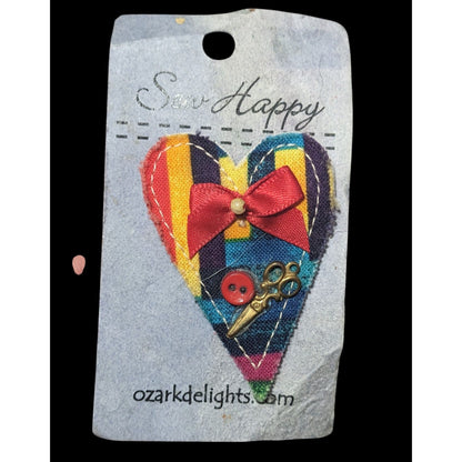 Sew Happy Heart Shaped Rainbow Quilt Print Brooch