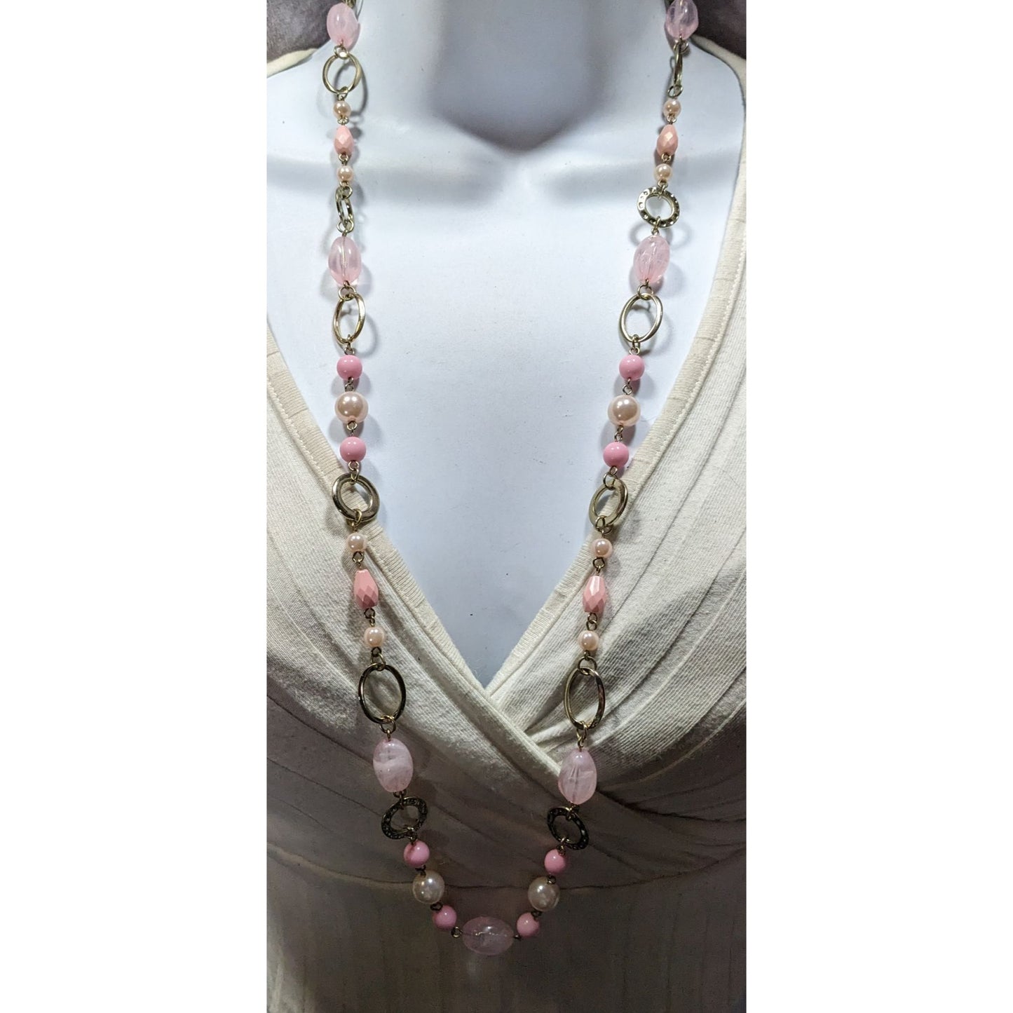 Coquette Pink And Gold Tone Beaded Chain Necklace