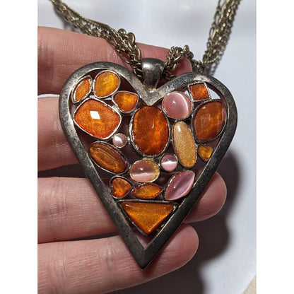 Pink And Orange Gemmed Heart Pendant Necklace