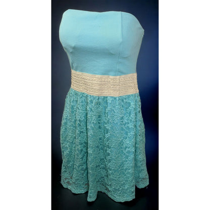 Turquoise Floral Lace Strapless Mini Dress