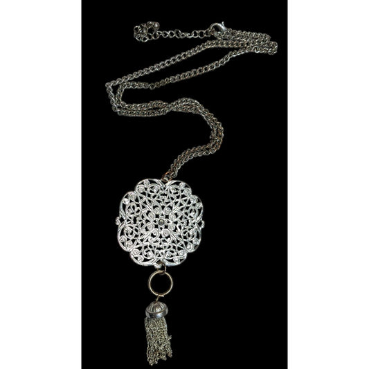 Filigree Silver-Tone Pendant Necklace With Chain And Tassel Accent