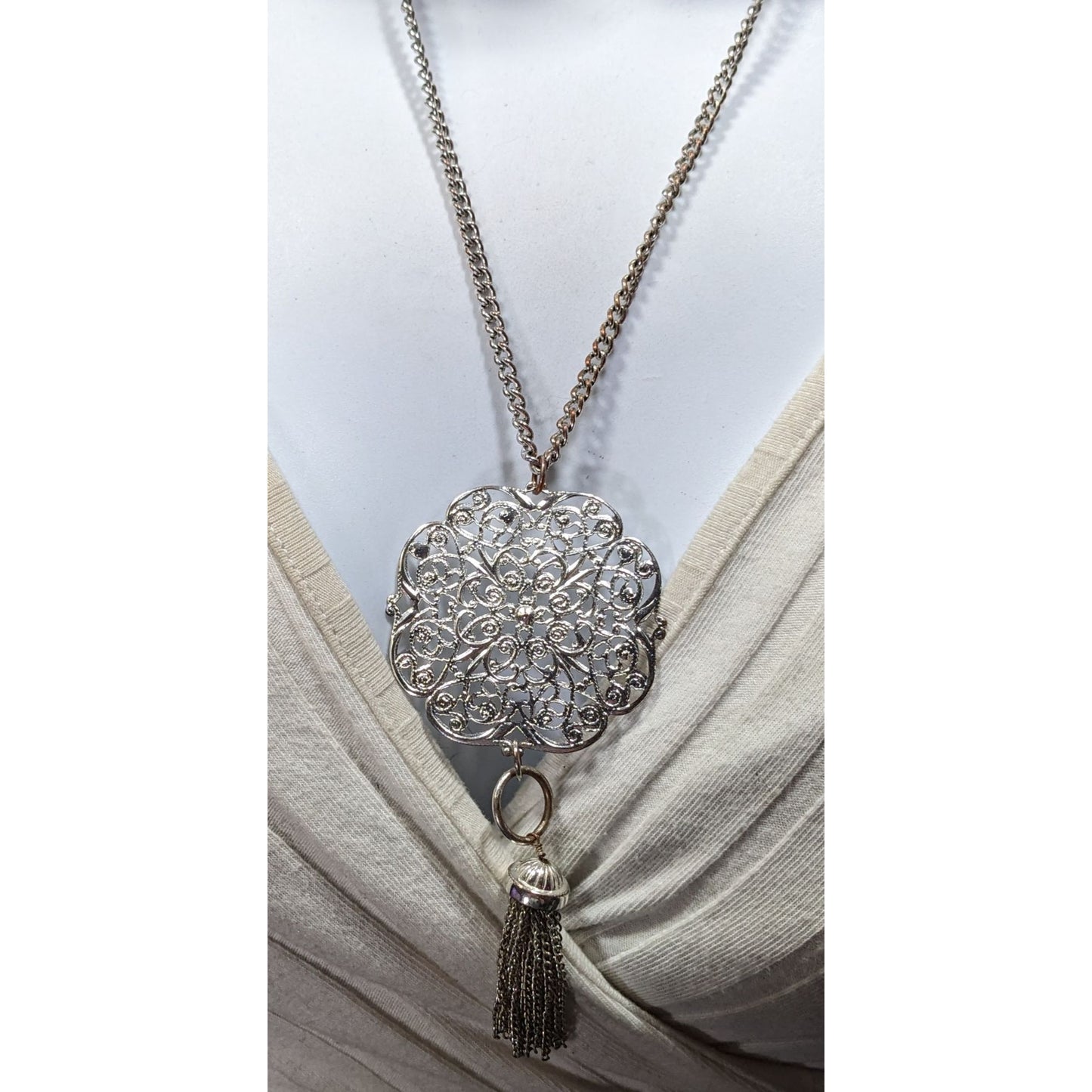 Filigree Silver-Tone Pendant Necklace With Chain And Tassel Accent