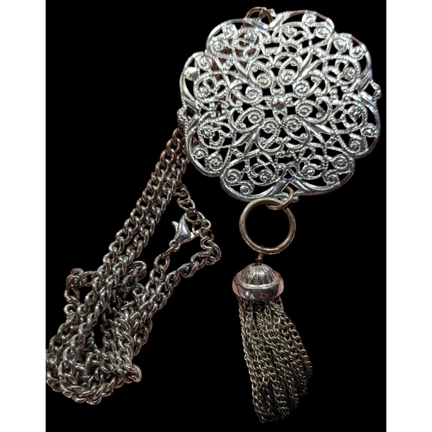 Filigree Silver-Tone Pendant Necklace With Chain And Tassel Accent