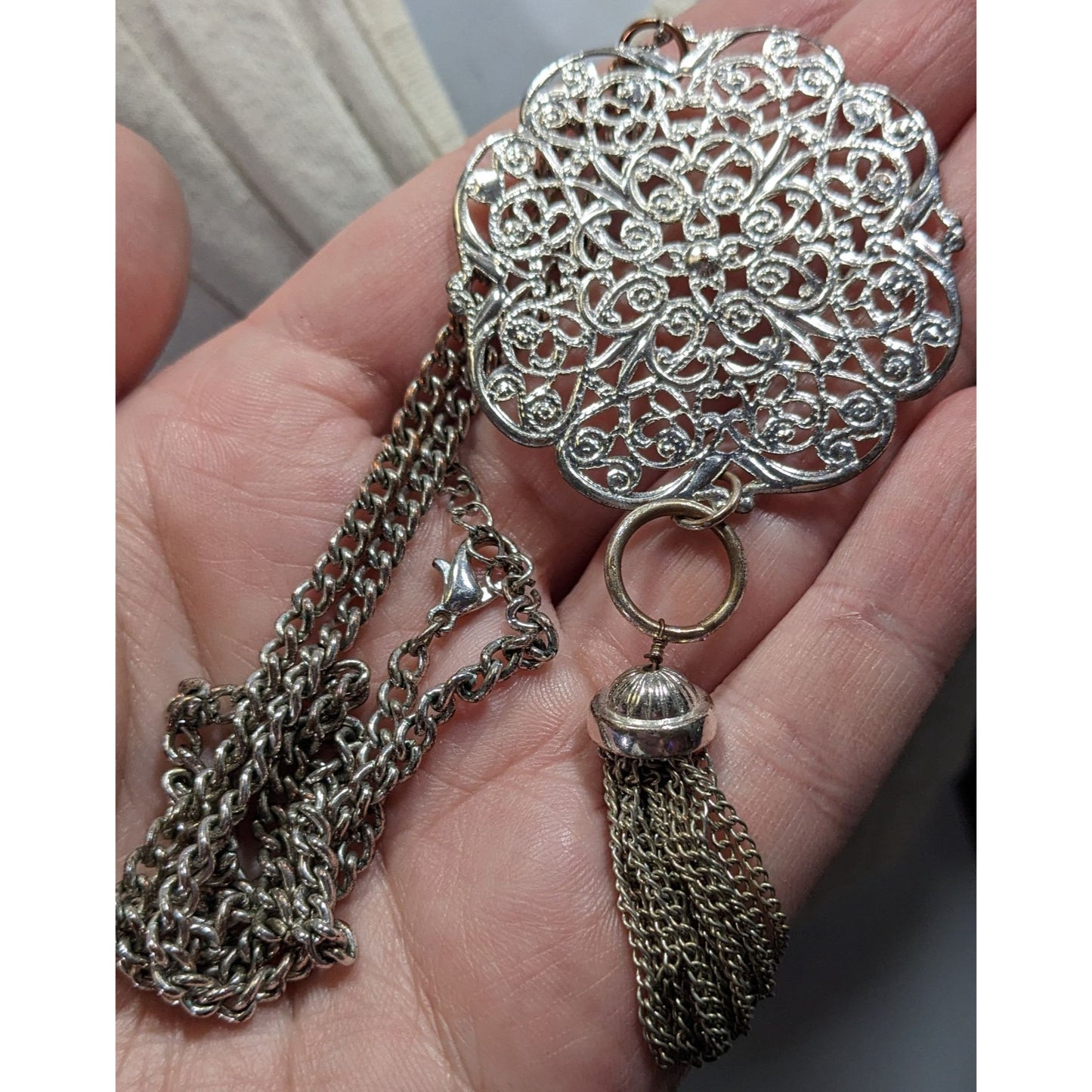 Filigree Silver-Tone Pendant Necklace With Chain And Tassel Accent
