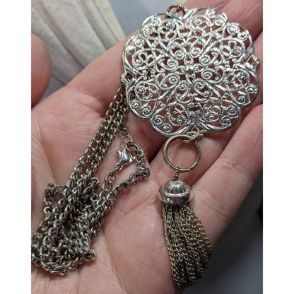 Filigree Silver-Tone Pendant Necklace With Chain And Tassel Accent
