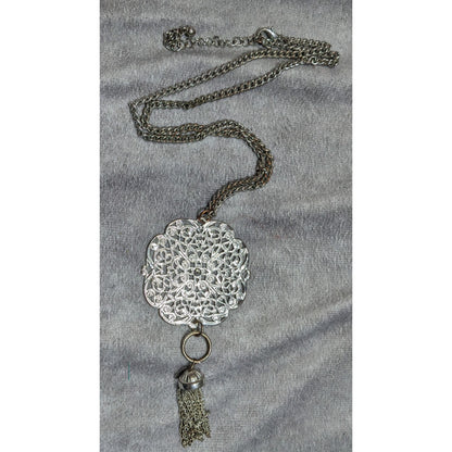 Filigree Silver-Tone Pendant Necklace With Chain And Tassel Accent