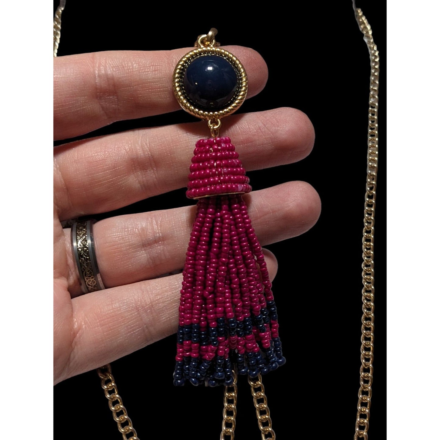 Talbots Pink And Blue Beaded Tassel Necklace