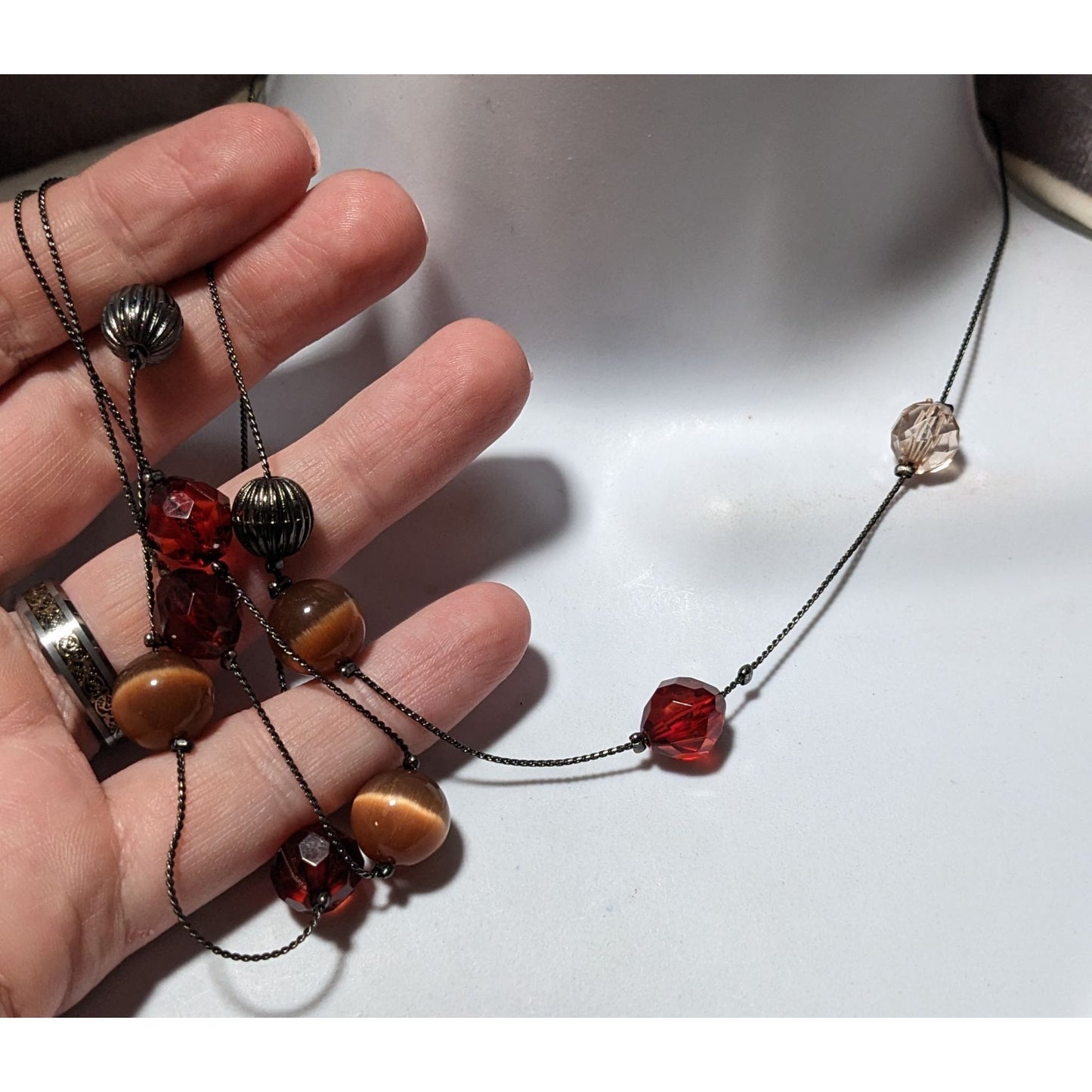 Red And Brown Glass Beaded Chain Necklace