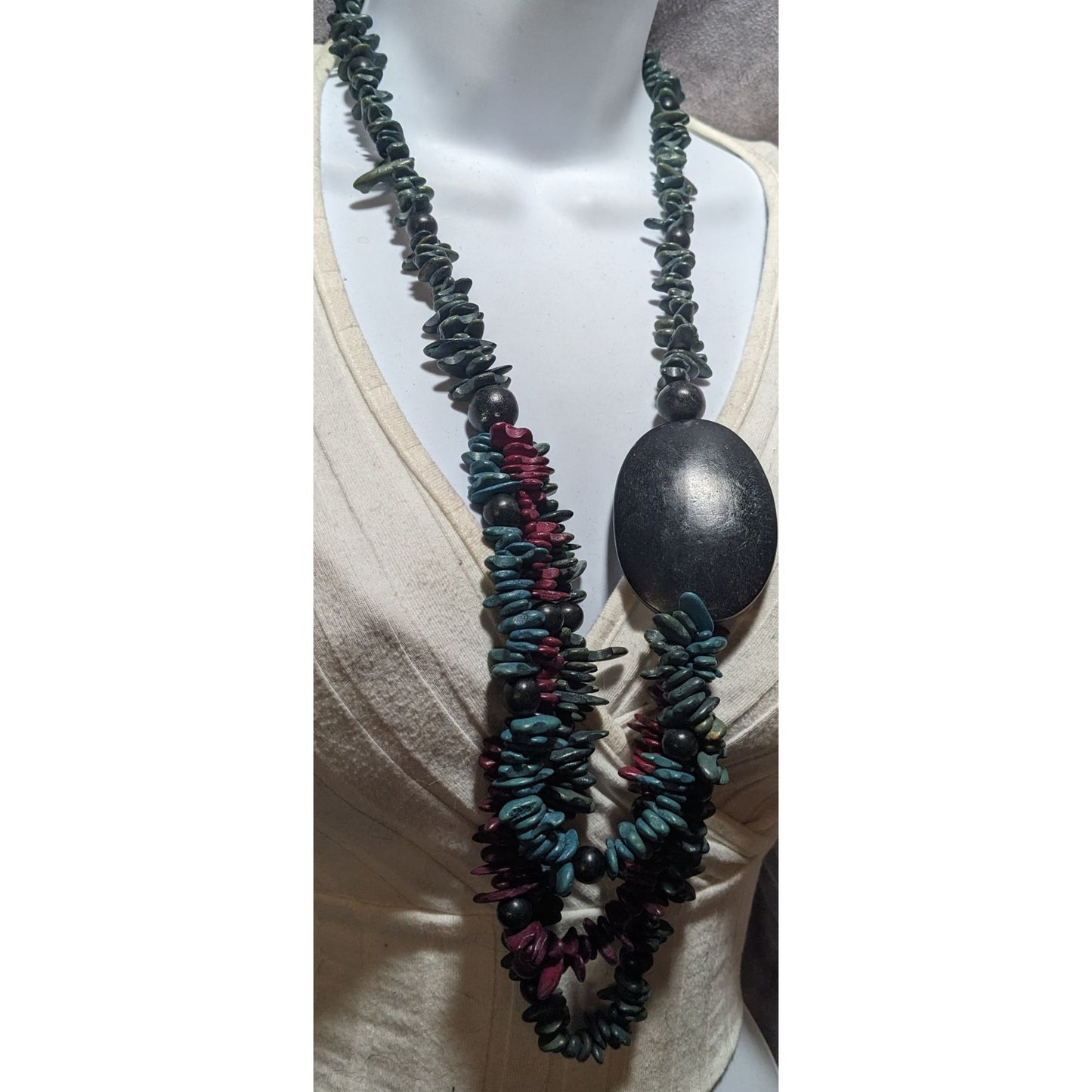 Blue And Purple Wood Beaded Necklace