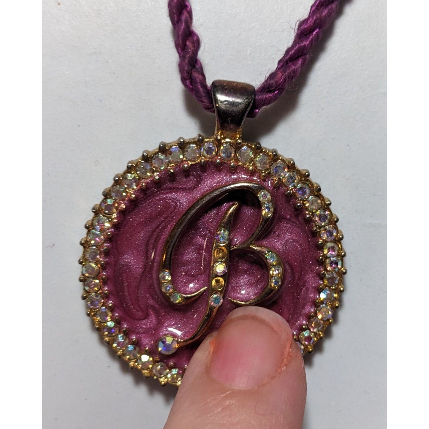 Purple Enamel Rhinestone B Medallion Necklace