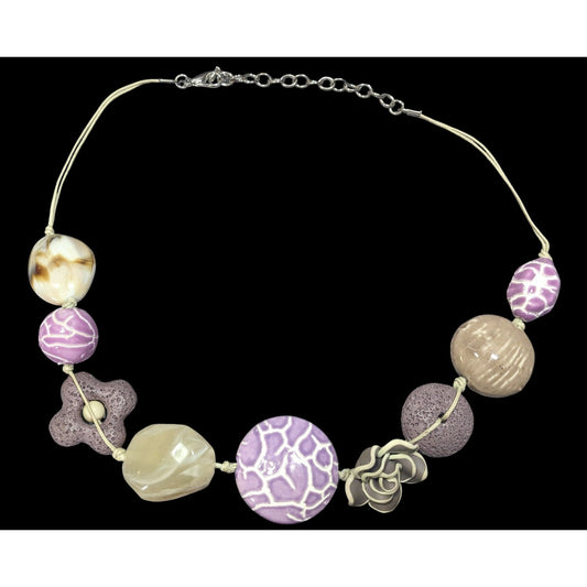Cottagecore Floral Purple And Grey Mixed Media Statement Necklace