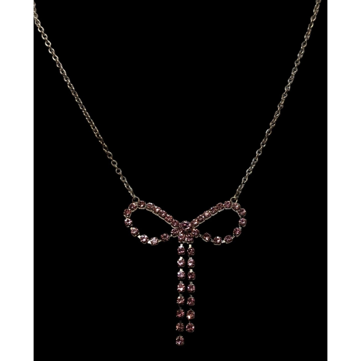 Vintage Coquette Pink Rhinestone Bow Necklace