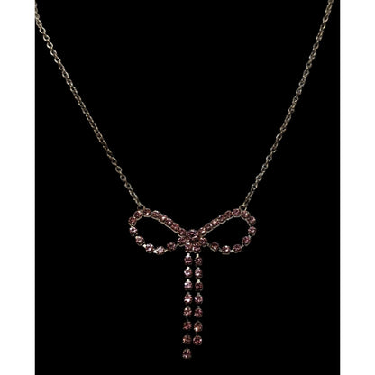 Vintage Coquette Pink Rhinestone Bow Necklace