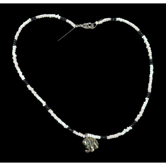 90s Bohemian Black And White Glass Beaded Necklace With Silver Tone Elephant Charm