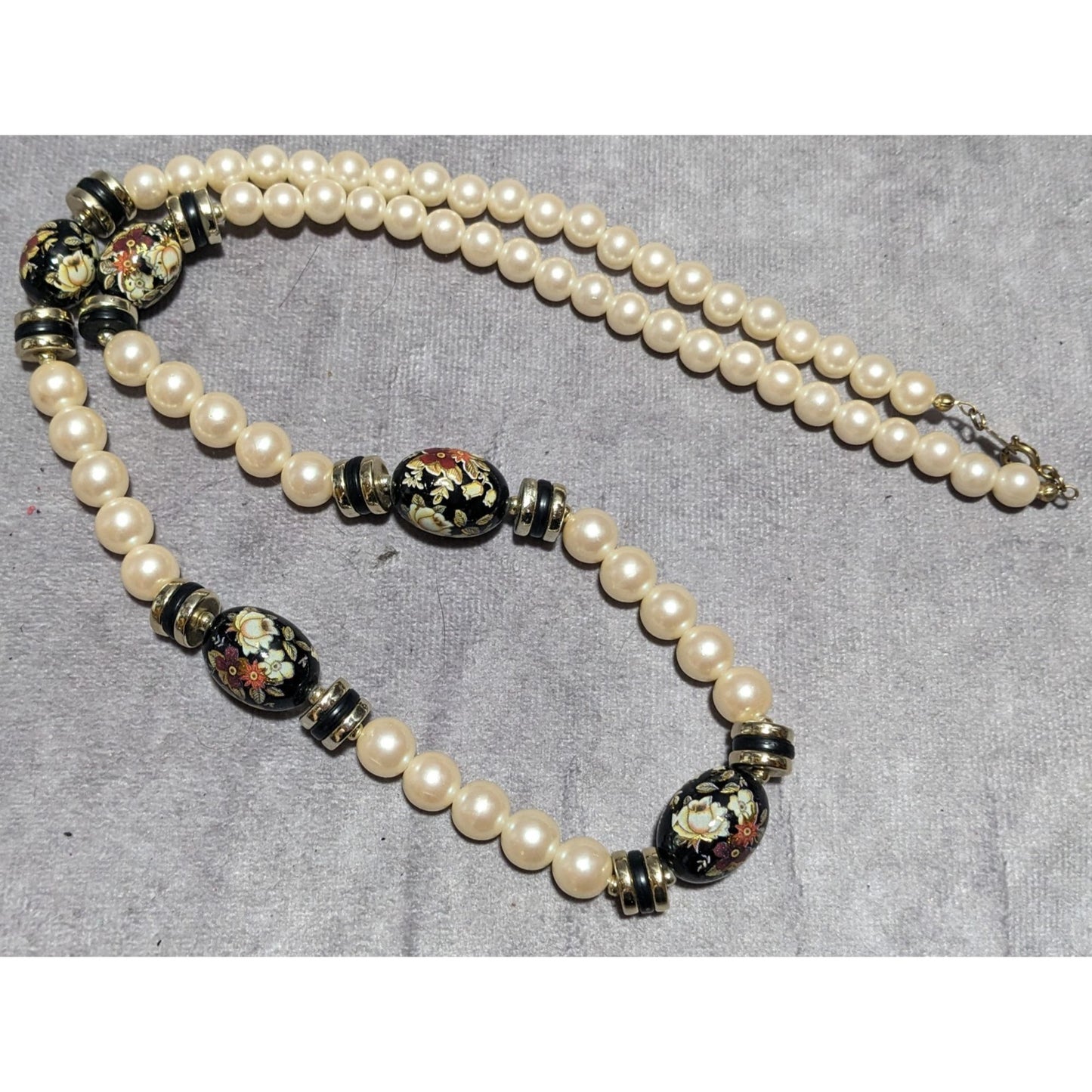 Vintage Cream And Black Pearl Floral Necklace