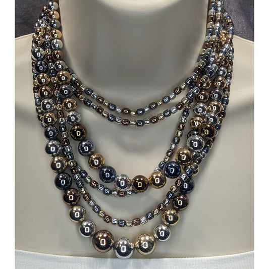 Vintage Glam Multi-Strand Metallic Beaded Necklace With Hook Clasp