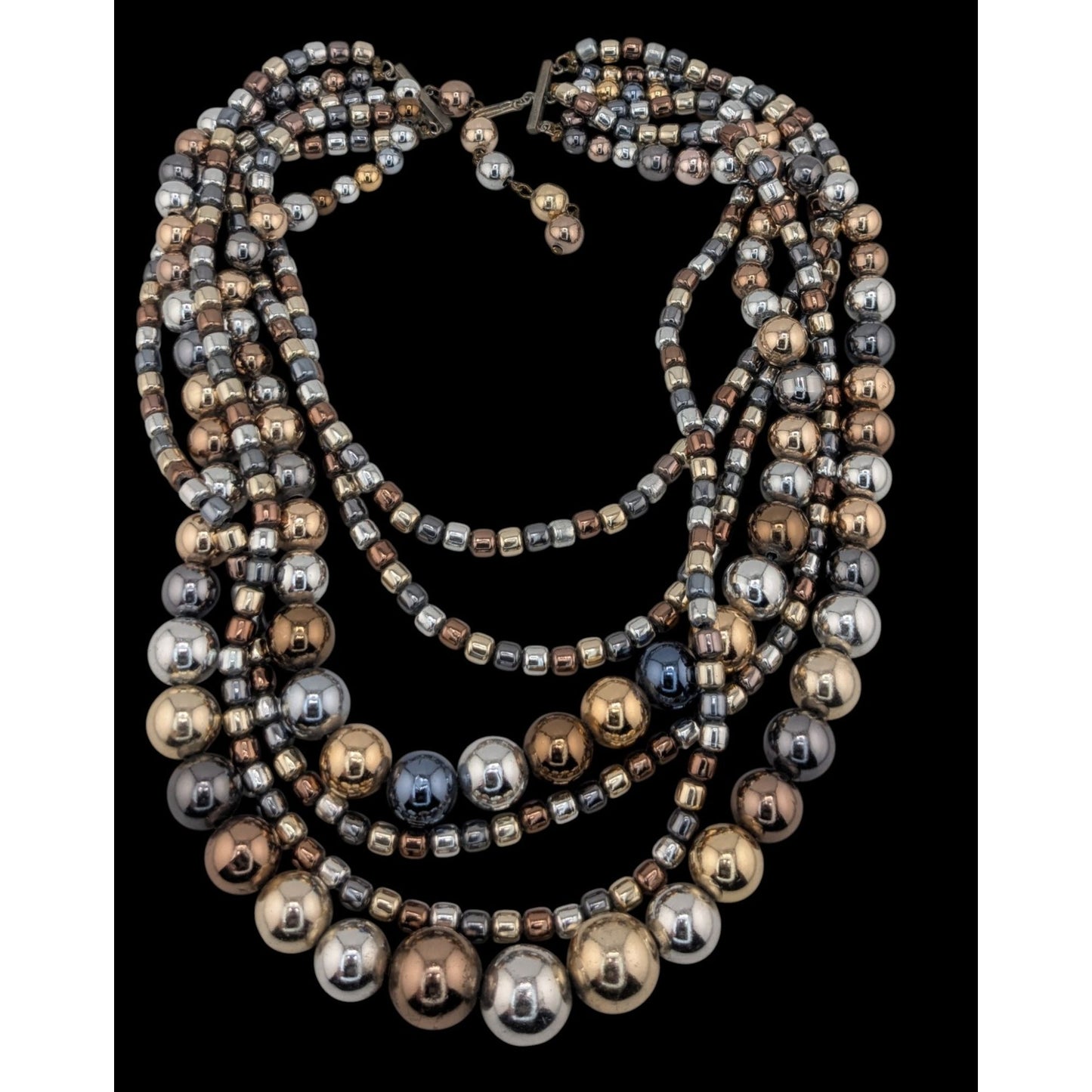 Vintage Glam Multi-Strand Metallic Beaded Necklace With Hook Clasp