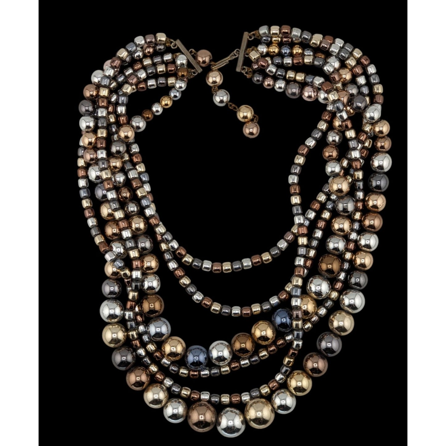 Vintage Glam Multi-Strand Metallic Beaded Necklace With Hook Clasp