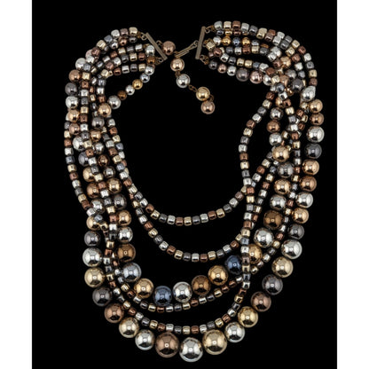 Vintage Glam Multi-Strand Metallic Beaded Necklace With Hook Clasp