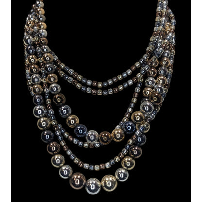 Vintage Glam Multi-Strand Metallic Beaded Necklace With Hook Clasp